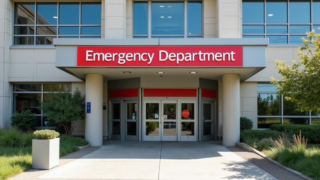 Emergency department entrance of modern hospital facility with clear signage, accessible entrance, professional medical build