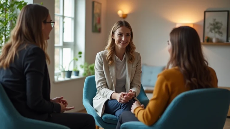 Professional therapist conducting one-on-one counseling session with patient in modern clinical office, warm lighting, comfortable seating, confidential setting
