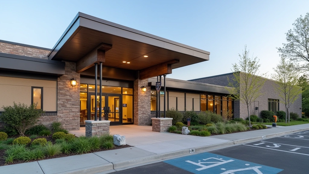 Modern behavioral health facility exterior with welcoming entrance, professional signage, landscaping, daytime natural lighti