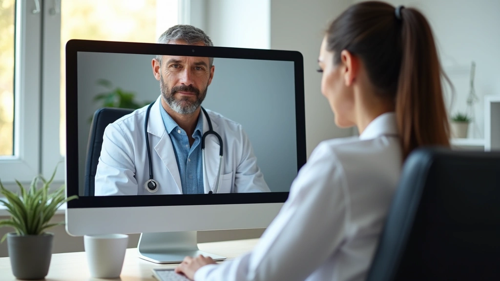 Healthcare provider conducting virtual telehealth appointment on computer with patient, professional home office or clinic se