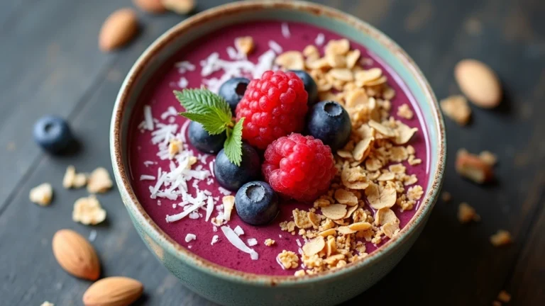 Professional overhead shot of colorful smoothie bowl with granola, fresh berries, coconut flakes, and almonds in modern restaurant setting with natural lighting