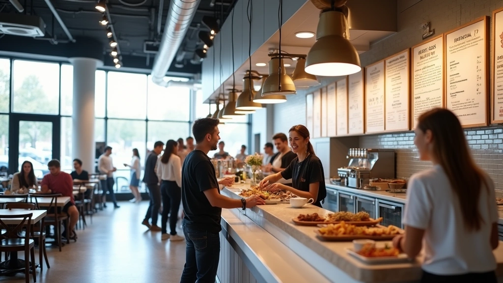 Clean, bright Fuel Kitchen interior with customers ordering at counter, displaying menu boards with nutritional information, 