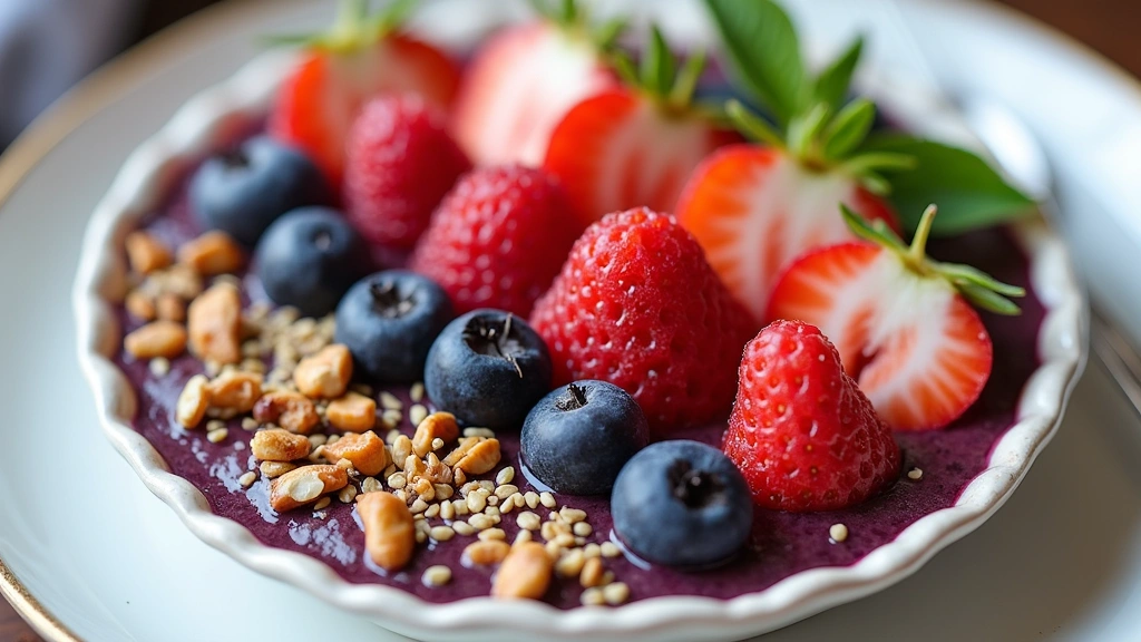 Close-up of vibrant acai bowl with fresh fruit toppings, nuts, and seeds on white plate with fork, professional food photogra