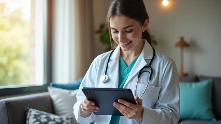 Professional woman using tablet for virtual doctor consultation at home, bright modern living room, healthcare technology interface visible on screen, natural lighting