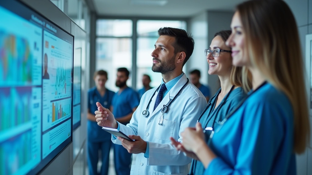 Diverse healthcare providers in modern clinic setting reviewing patient data on digital screens, collaborative care coordinat