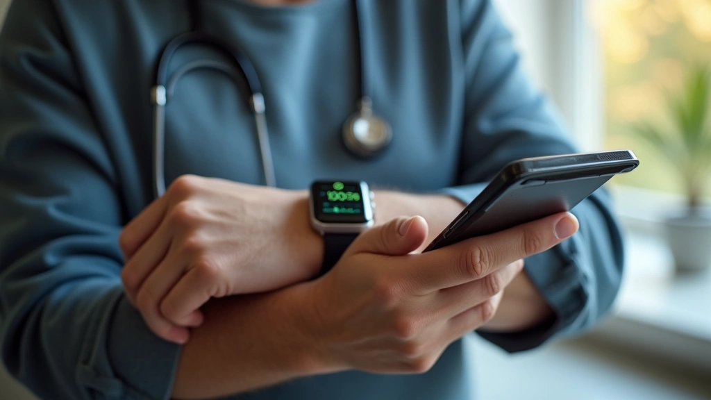 Patient wearing smartwatch monitoring health metrics on smartphone app, home environment, wellness tracking dashboard visible