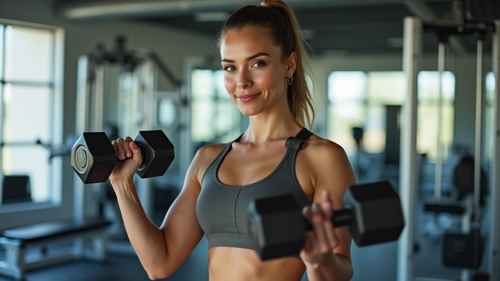 Professional woman in modern gym performing strength training with dumbbells, focused expression, bright natural lighting, athletic wear, clean equipment