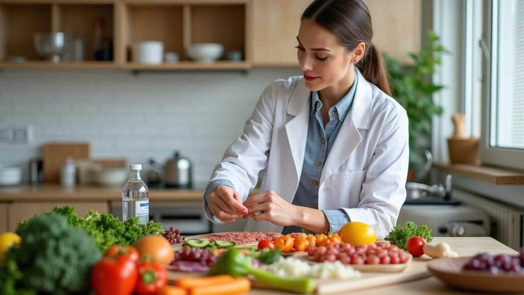 Nutritionist explaining meal prep with healthy foods on table, colorful vegetables and proteins visible, warm clinical settin