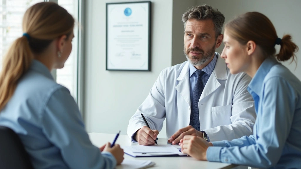 Board-certified psychiatrist in professional white coat conducting patient consultation in modern clinical office with diploma visible on wall, taking detailed notes during psychiatric evaluation session