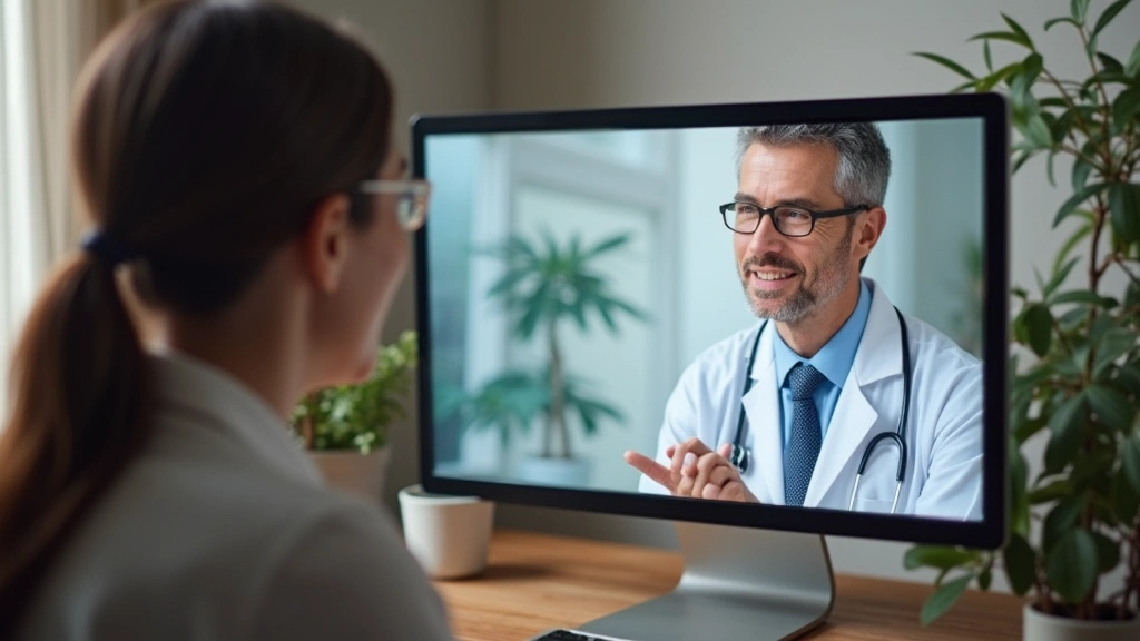 Patient video call with telehealth psychiatrist on computer screen in comfortable home setting, secure encrypted connection i
