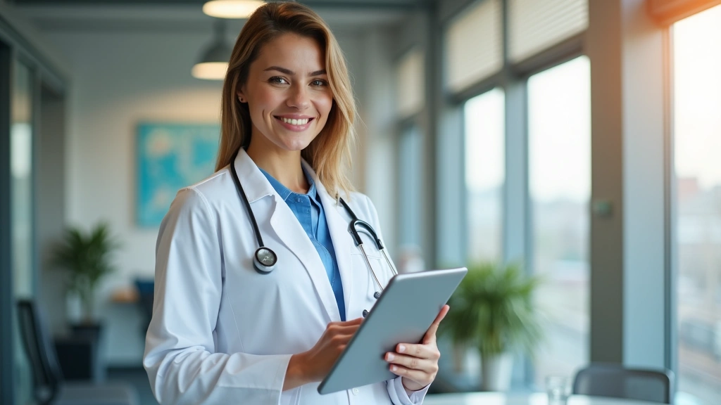 Professional female doctor in white coat with tablet in modern medical clinic office, warm lighting, friendly demeanor, no text