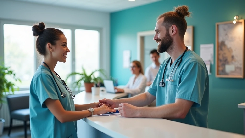 Patient checking in at healthcare reception desk with medical staff, welcoming clinic environment, professional setting, no t