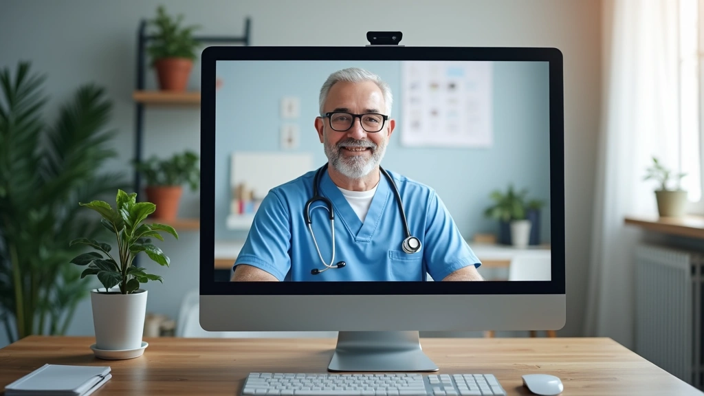 Telehealth virtual visit on computer screen showing doctor consultation, home healthcare setup, modern medical technology, no