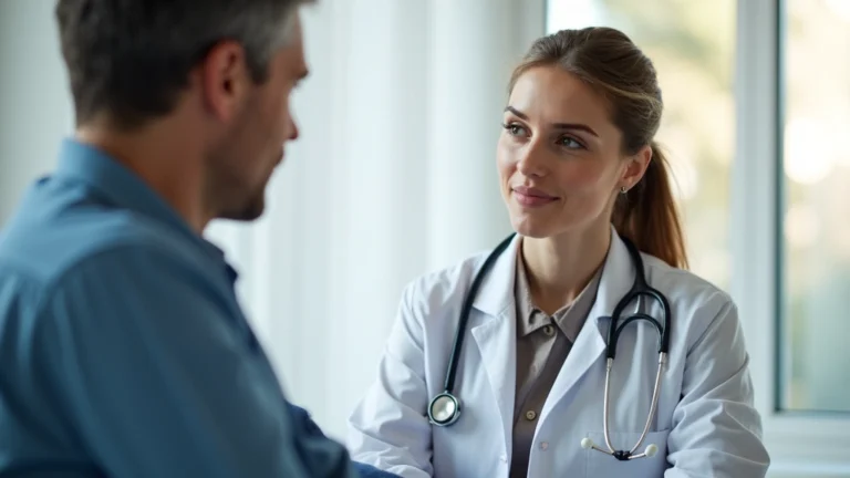 Professional female doctor in white coat consulting with male patient in modern bright medical clinic office, warm lighting, stethoscope visible