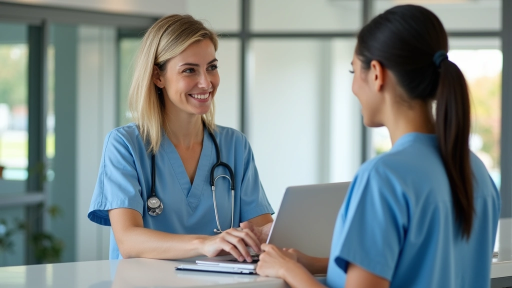 Patient checking in at healthcare clinic reception desk with friendly staff member, welcoming modern healthcare facility inte