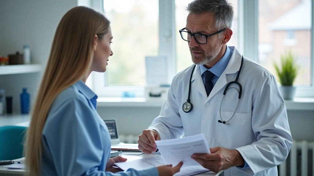 Doctor reviewing medical records with patient during consultation in contemporary clinical exam room, professional healthcare
