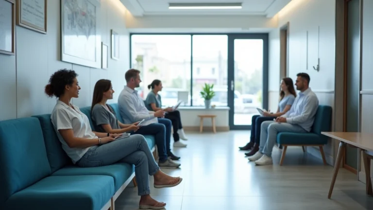 Professional medical clinic waiting room with diverse patients, modern healthcare facility interior, bright lighting, welcoming atmosphere, no text visible