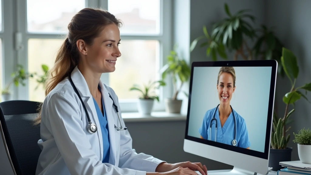Female healthcare provider conducting telehealth virtual visit on computer, professional medical office background, patient o