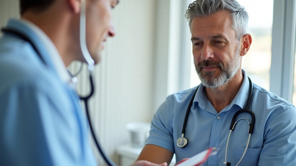 Male patient receiving primary care examination from doctor in clinical setting, stethoscope, professional medical environmen