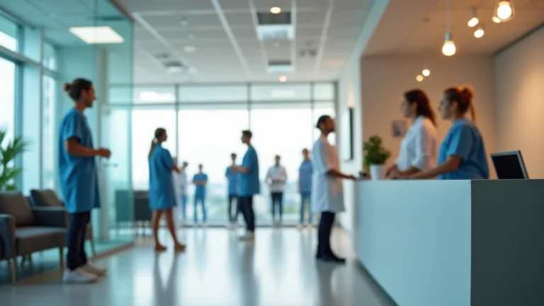 Professional healthcare clinic reception area with diverse staff assisting patients, modern medical office interior, welcoming healthcare environment