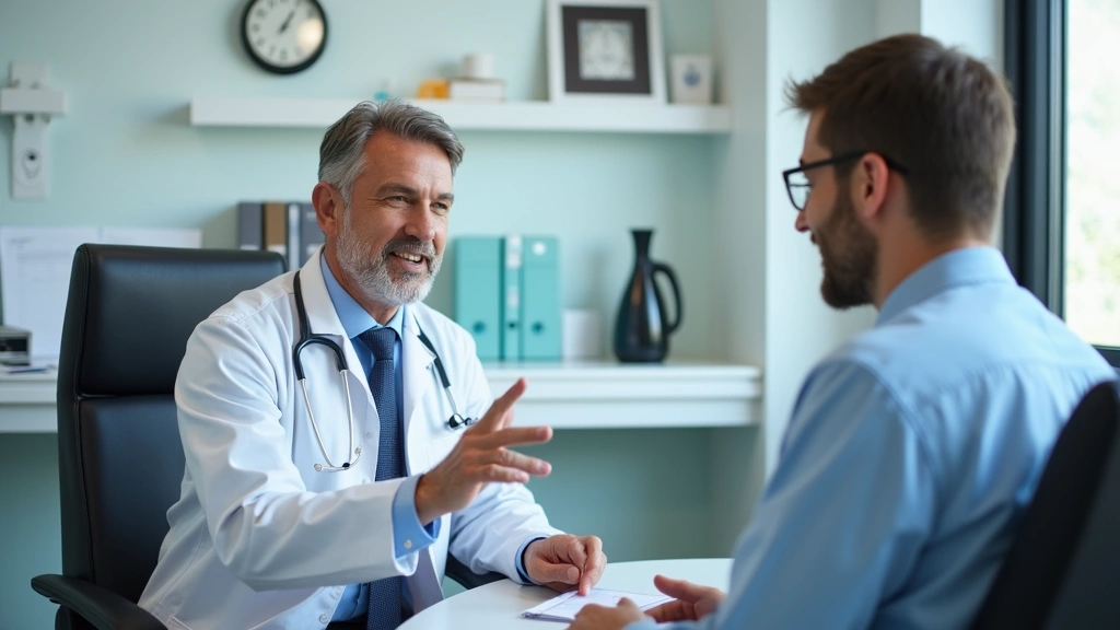 Doctor conducting patient consultation in modern clinic examination room, professional medical setting with healthcare provid