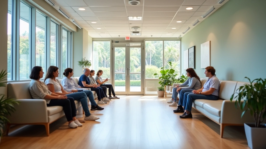 Community health center waiting area with comfortable seating, diverse patients, modern healthcare facility interior, welcomi