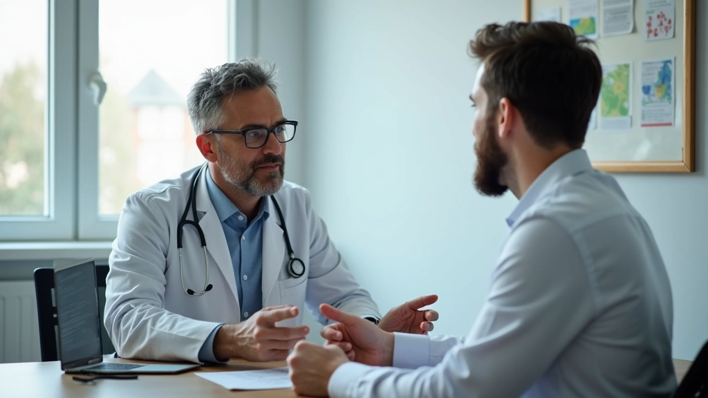 Professional medical consultation in modern clinic setting with doctor and patient discussing healthcare