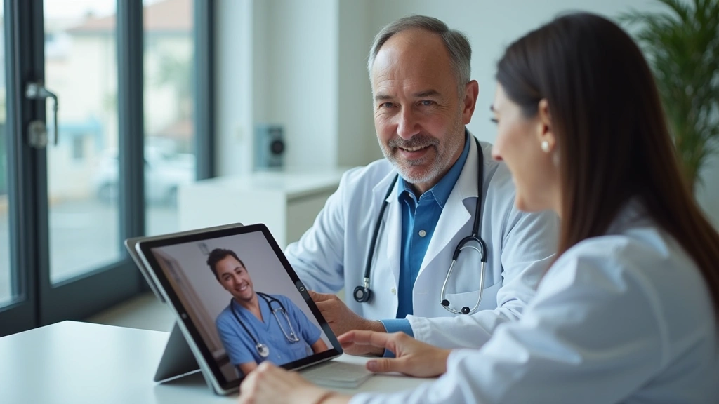 Telehealth video consultation on tablet showing healthcare provider in professional medical office