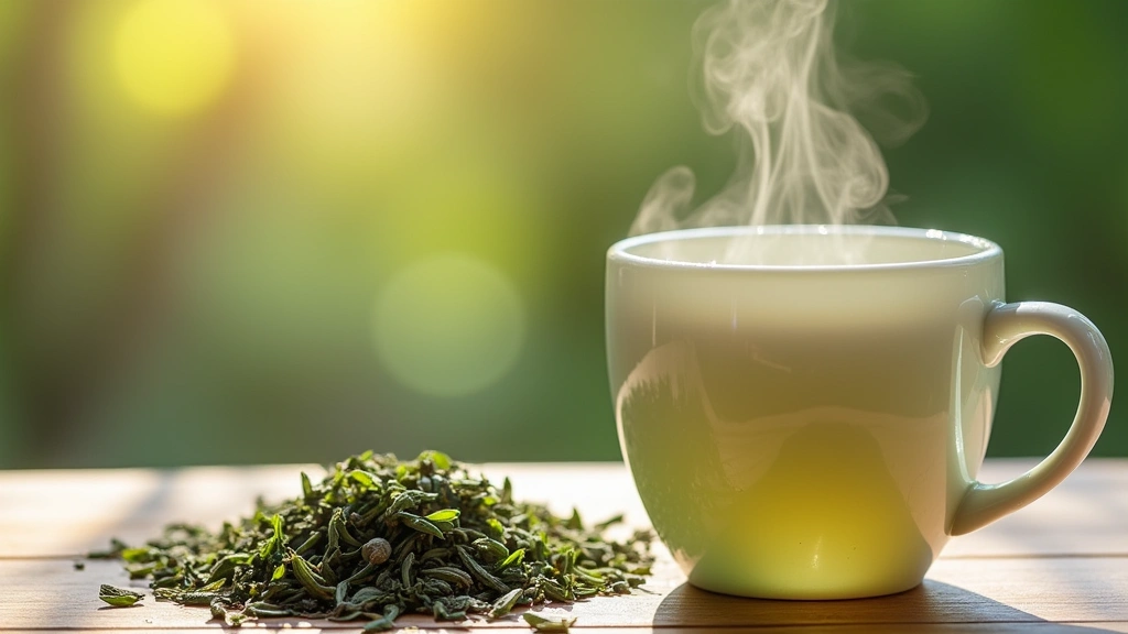 Steaming cup of fresh green tea in a white ceramic mug on wooden table with fresh green tea leaves scattered nearby, morning sunlight, professional photography