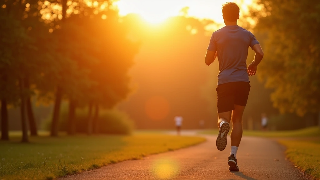 Fit person jogging outdoors in park during golden hour, active lifestyle, healthy exercise routine, natural environment, prof