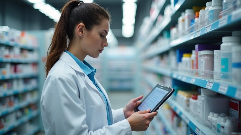Pharmacist reviewing medication records on tablet with patient medical data visible, professional healthcare setting, modern pharmacy environment with organized shelves