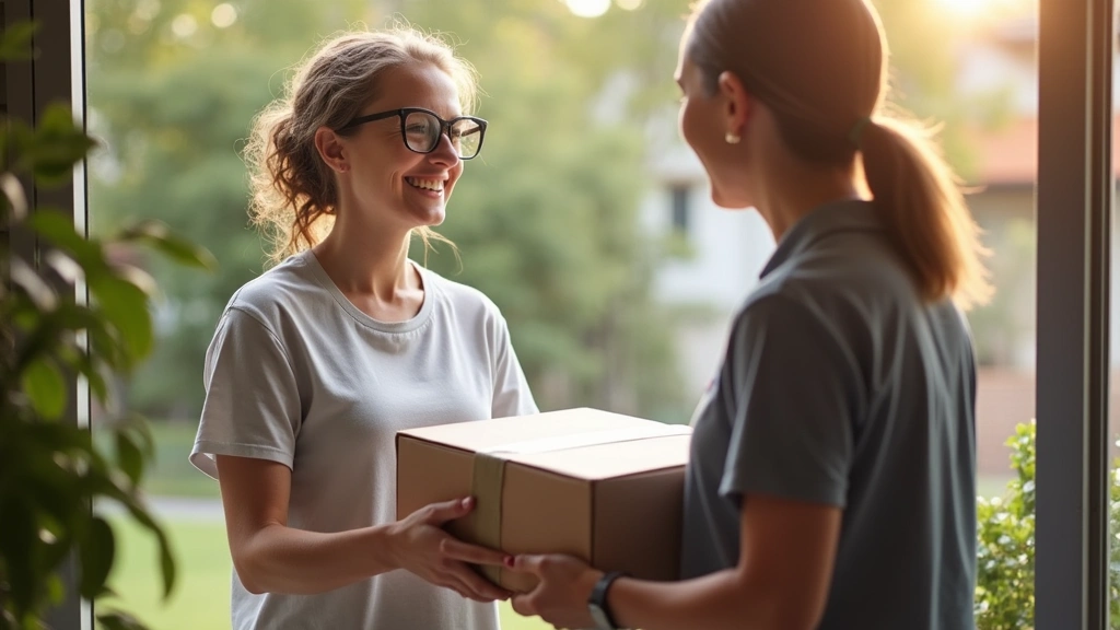 Patient receiving medication delivery at home, smiling while receiving package from delivery person, residential setting, day