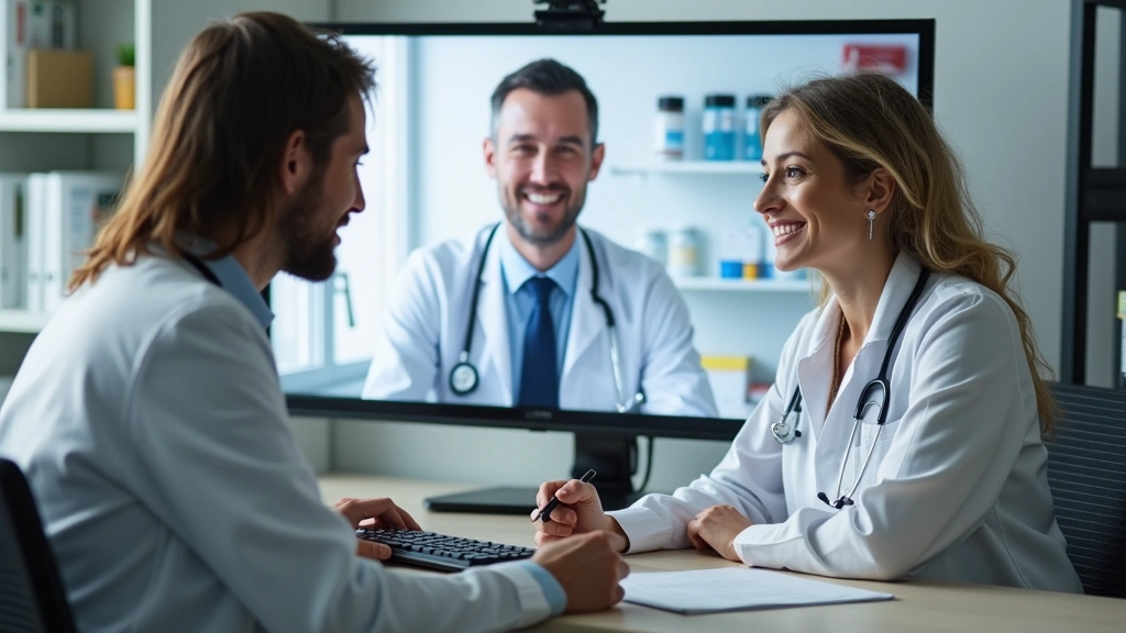 Healthcare provider and pharmacist collaborating via video call on computer screen, discussing patient medication management,
