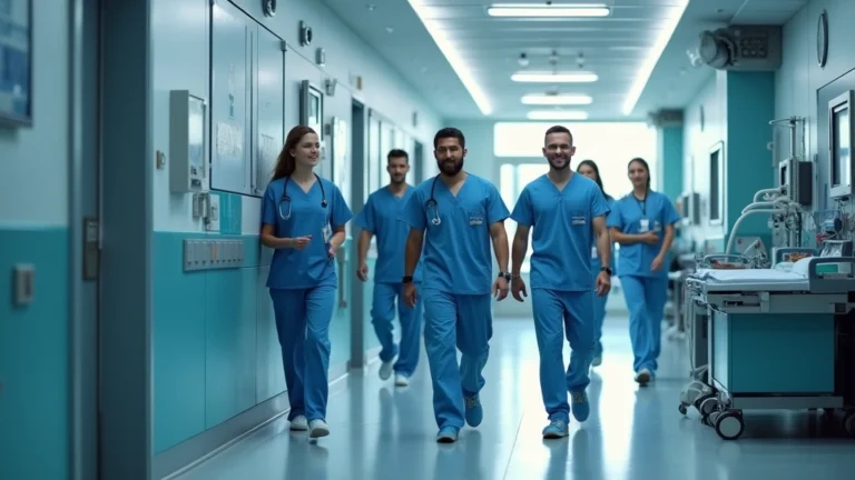 Professional medical team in modern hospital hallway with advanced healthcare technology visible, diverse healthcare professionals in scrubs walking together
