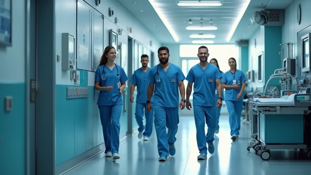 Professional medical team in modern hospital hallway with advanced healthcare technology visible, diverse healthcare professionals in scrubs walking together