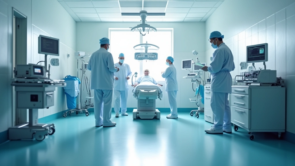 Bright, clean hospital emergency room with medical equipment, monitors, and healthcare staff preparing treatment area, modern
