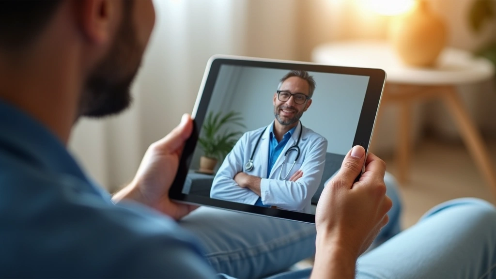 Patient using telehealth on tablet with doctor visible on screen, comfortable home setting with healthcare technology, remote