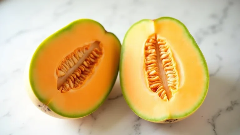 Fresh cantaloupe halves with seeds visible on white marble countertop, professional food photography, natural daylight, vibrant orange flesh