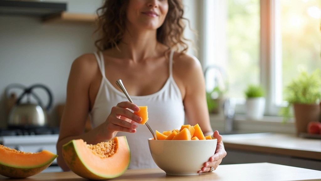 Woman eating fresh cantaloupe chunks from white bowl in bright kitchen, healthy eating lifestyle, natural sunlight through wi