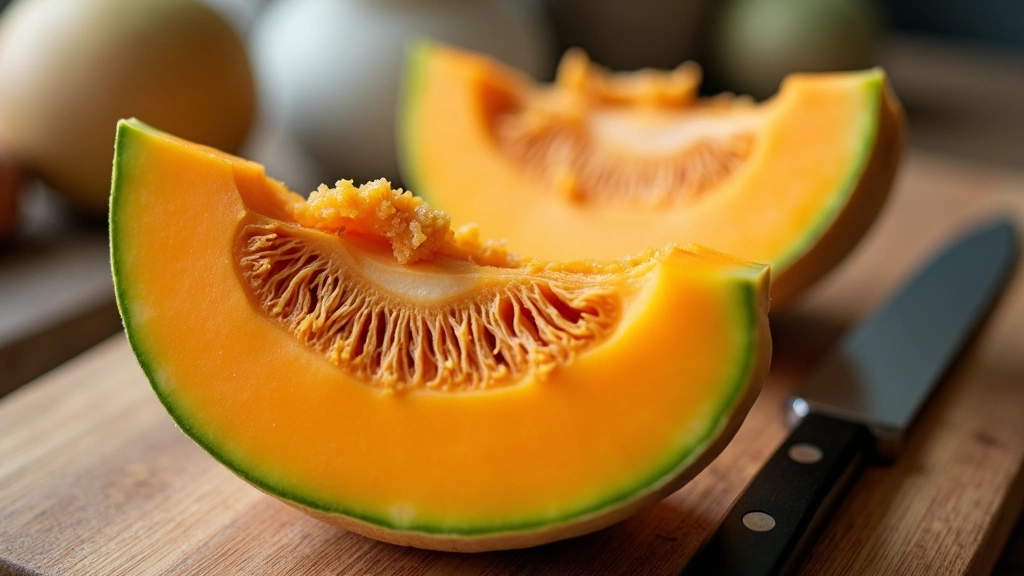 Close-up of cantaloupe cross-section showing texture and color, displayed on wooden cutting board with kitchen knife, profess