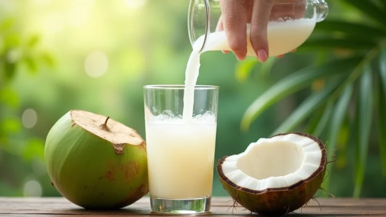 Fresh young green coconut with clear coconut water being poured into a glass, tropical setting with natural lighting, professional product photography