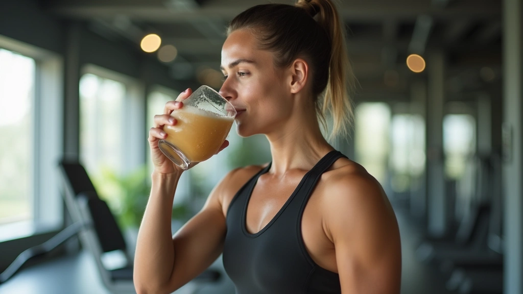 Athlete drinking coconut water after workout in modern gym, holding glass with condensation, energetic and refreshed expressi