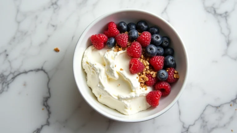 Professional overhead shot of fresh cottage cheese in ceramic bowl with berries and granola on white marble counter, natural daylight, fitness lifestyle setting