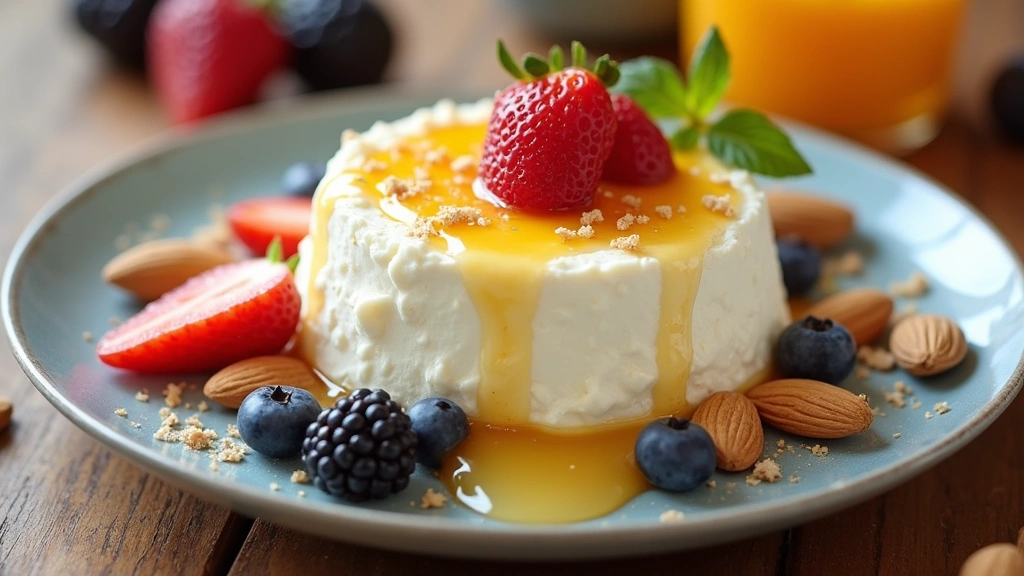 Close-up of cottage cheese texture with fresh fruits, almonds, and honey drizzle on wooden table, nutritious breakfast presen