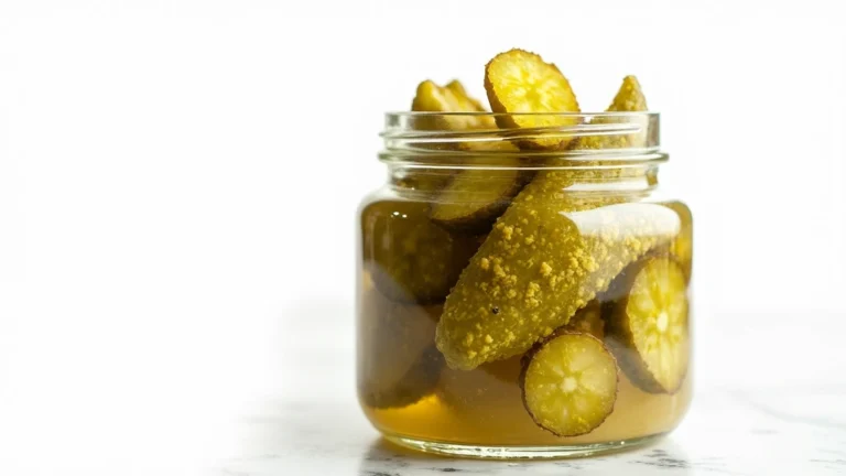 Close-up of crispy fermented pickles in glass jar with brine, professional food photography, natural lighting, isolated white background