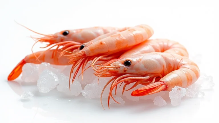 Fresh raw shrimp on ice in professional seafood market setting, clean white background, photorealistic