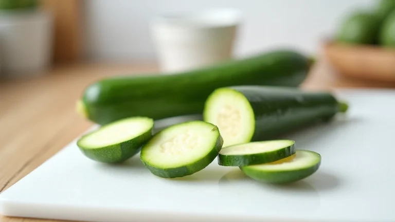 Fresh raw zucchini halves and slices on a white cutting board in a bright kitchen, professional food photography, natural lighting, high-resolution