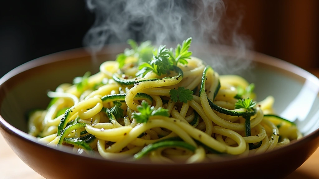 Cooked zucchini noodles in a ceramic bowl with herbs, steam rising, professional culinary presentation, warm natural light, d