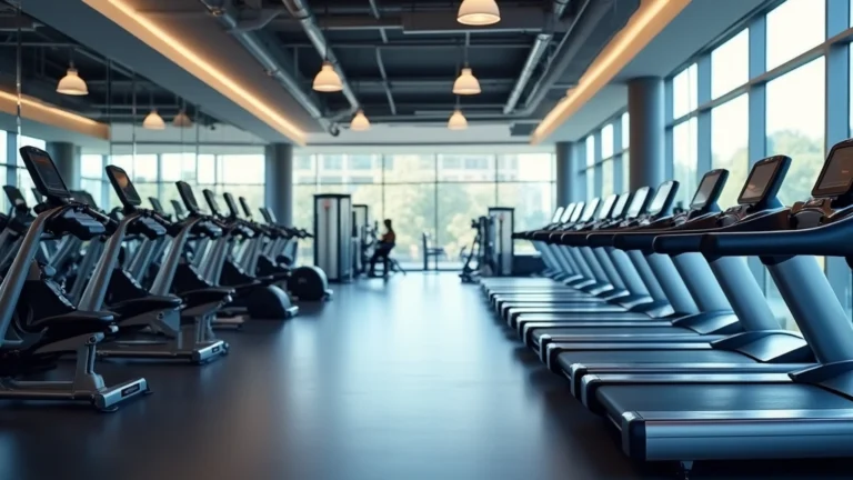 Modern fitness center with rows of treadmills and cardio equipment, bright lighting, professional gym setting, no people visible