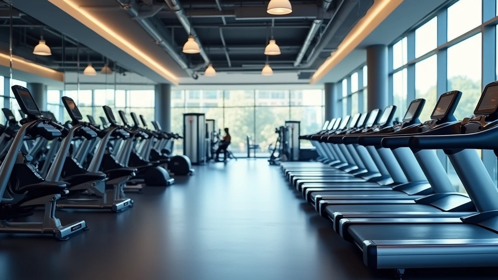 Modern fitness center with rows of treadmills and cardio equipment, bright lighting, professional gym setting, no people visible